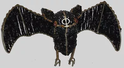 Vintage African Craft Beaded Hanging Bat On Wire Red Eyes Hand Made Black Glass • $95