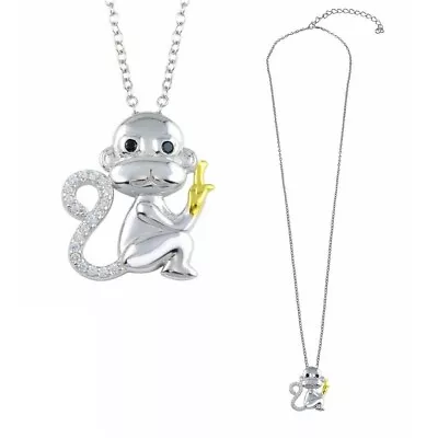 Sterling Silver Necklace W/ CZ Stones Two Toned Monkey Pendant • $24.99