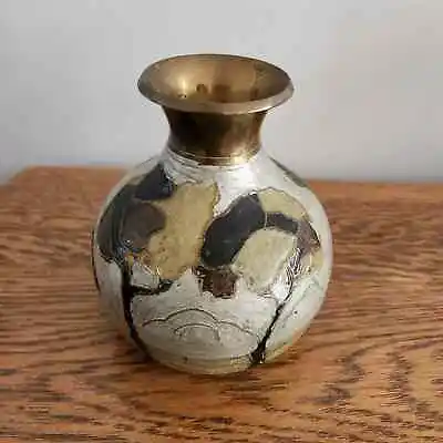 Vintage  Brass Enamel Cloisonne Mid Century Modern Motif Bulb Vase 7  India • $25