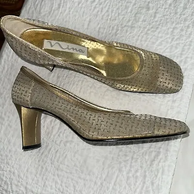 Vintage WOMENS Gold Sparkle Mesh Nina Brand Heel Pumps Wedding Shoes SIZE 9.5M • $18.49