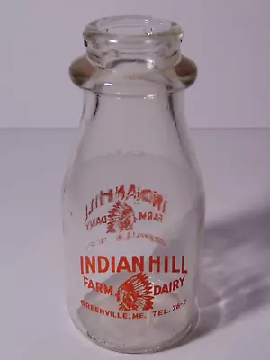 Vtg 1950s MAINE INDIAN HILL FARM DAIRY INDIAN CHIEF GRAPHIC MILK BOTTLE 1/2 PINT • $25.19