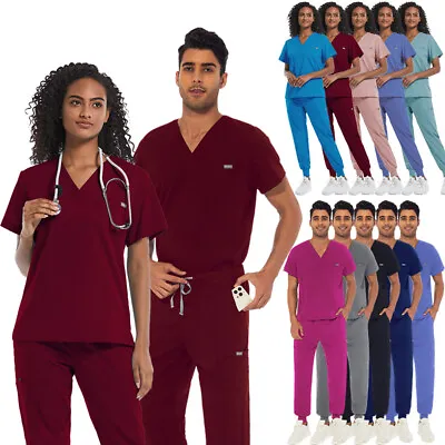 Unisex Stretch Nurse Medical Uniform Scrub Set Men Women V-Neck Top Jogger Pant • $23.99