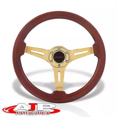 Brown Wood Deep Dish Gold Steel 6 Bolt + Horn JDM Sport 14  350mm Steering Wheel • $57.99