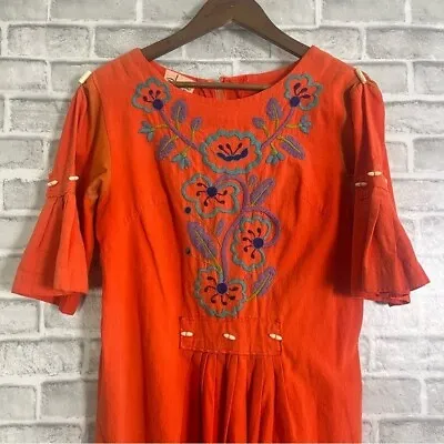 Vintage Handstitched Handmade Mexican Oaxacan Orange Coral Midi Dress Sz Large • $52.65