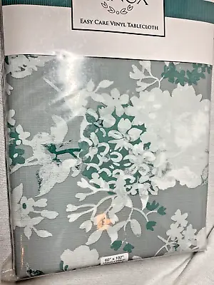 Lenox Easy Care Flannelback Vinyl Tablecloth  60 X 102 Gray Turquoise Floral Nip • $16.99