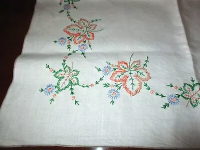Ecru Linen Table Cloth W/ Tan Cording/  Embroidered Multi-colored Leaves/flowers • $10.50