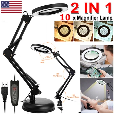 $25.39 • Buy 10X Magnifying Glass Desk Light Magnifier LED Lamp Reading Lamp With Base& Clamp