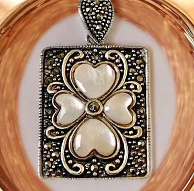 DBJ Sterling Silver Vintage Pendant Marcasite Mother Of Pearl Heart  • $24.99