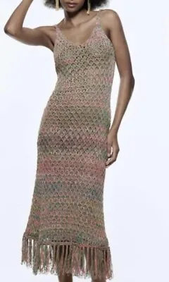 ZARA Knit Flapper Dress Crochet Fringe NWT Small • £62.69