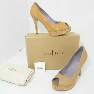 Cole Haan Mariela Peep Toe Pump Sandalwood Platform Heel Tan Patent Leather 9.5 • $89