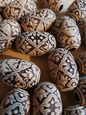 Lot Of 30 Vintage 1970’s Ceramic Cream Brown Ornate Macrame Oval Beads Lotus  • $13.95