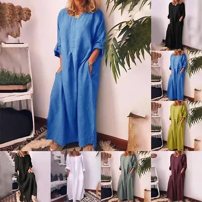 Casual Pocketed Kaftan Dress Women's Cotton Linen Long Sleeve Maxi Dress • $47.62