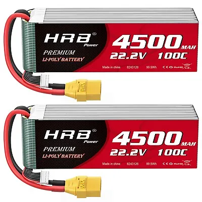 2PCS HRB 6S LiPo Battery 22.2V 4500mAh 100C XT90 For RC Car Helicopter Boat • £123.99