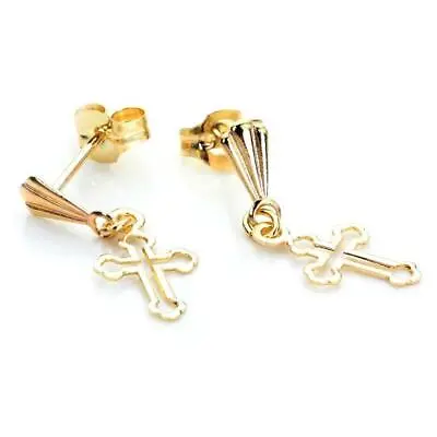 9ct Yellow Gold Small Pierced Cross Drop Stud Earrings Suds • £35