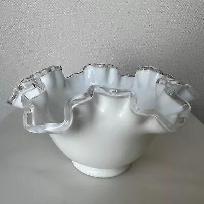 Vintage Fenton Milk Glass White Silver Crest Clear Ruffled Edge Bowl Candy Dish • $16.99