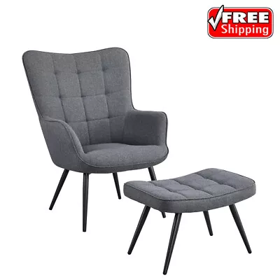 Mid-Century Modern Fabric Wingback Accent Chair Ottoman Set Bedrooms Office Hot • $172.47