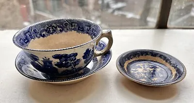 Antique Semi Vitreous Buffalo Pottery Blue Willow Tea Cup Saucer & Small Plate • $21.99