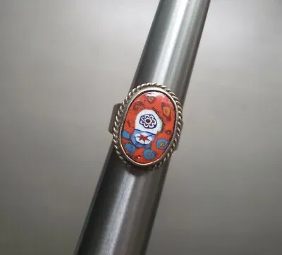 Vintage Sterling Silver Millefiori Glass Motif Ring Adjustable  • $36