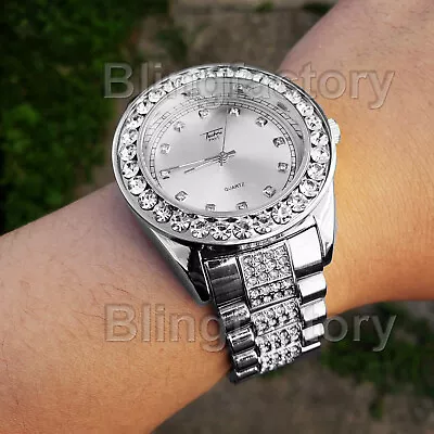 Men Hip Hop Iced Bling White Gold PT Migos Bling BIG Lab Diamond Metal Watch • $27.99