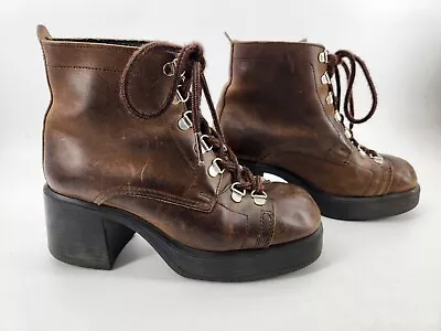 Vintage Y2K Aldo Boots Womens 39/ 8 Combat Brown Leather Lace Up  Ankle Square  • $75