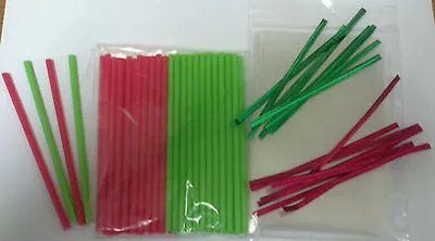 50 X 114mm 4.5  RED & GREEN CHRISTMAS CAKE POP LOLLIPOP KIT & BAGS & TWIST TIE • £4.50