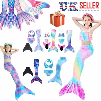 Kids Girls Swimsuit Swimmable Mermaid Tail Suit Swimwear Bikini Swimming Costume • £10.82