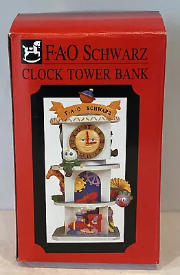 FAO Schwarz CLOCK TOWER Toy Bank 1994 7.5” Tall Poly Resin Hand Painted Vintage • $52.95