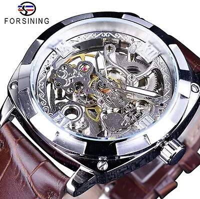 Forsining Mens Skeleton Mechanical Waterproof Luxury Watch Leather Gift Idea • $44