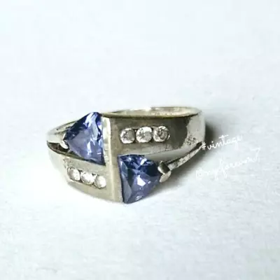 Sterling Silver Blue Violet Tanzanite Colored CZ Ring Trillion Triangle Cut Mark • £33.75