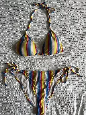 Boohoo Rainbow Print Triangle Bikini With Tie Side Bottoms Size 12 • £8