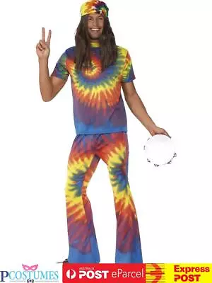 Mens Tie Dye 60s 70s Hippy Costume 1960s 1970s Go Go Hippie Fancy Dress Up • $53.50