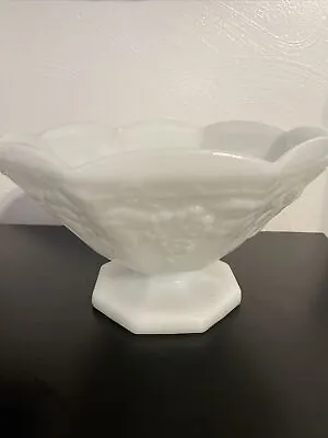 Vintage Anchor Hocking Milk Glass Pedestal Fruit Bowl Grape Leaf 9  X 6” • $16.75