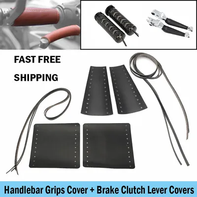 Motorcycle Leather Hand Grips +Brake Clutch Lever Covers Retro Wraps For Harley • $16.98