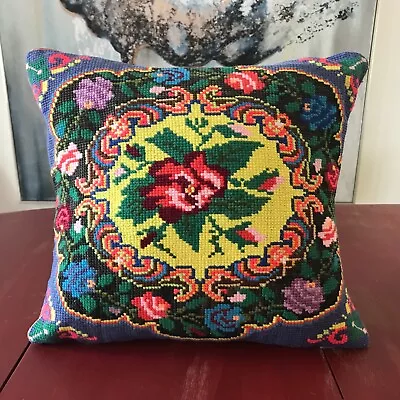 Vtg Needlepoint Pillow Cabbage Rose Handmade Silk Bright Shabby Cottage 14x12.5  • $27