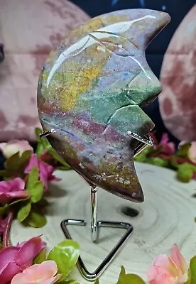 Beautiful Colourful Ocean Jasper Crystal Moon Face Carving 10.6cm 200g & Stand • £25