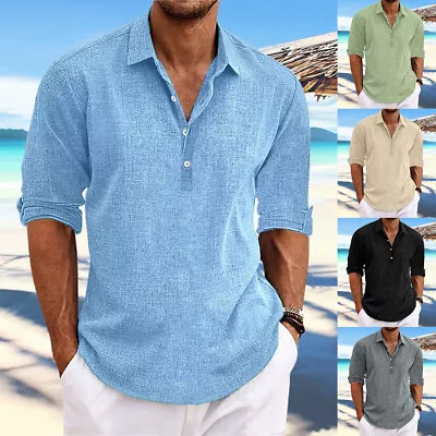 Mens Summer Beach Polo Shirts Collar Button V Neck Casual Holiday T Shirt Tops • £14.69