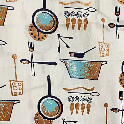 Vintage Fabric MCM Mid Century 1950s Kitchen Metallic Copper Turquoise 4+ Yds • $89.99