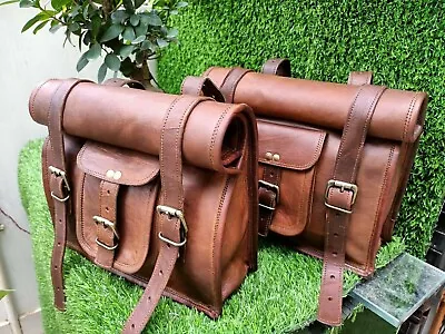 New Motorcycle Roll Panniers SaddleTop Brown Leather Side 2 Bag Pouch Saddlebags • $64.60