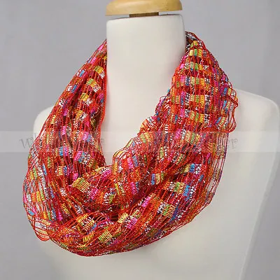 $6.95 • Buy Crochet Spring Summer Infinity Scarf Loop Multi Color Silver Thread Knit Fishnet