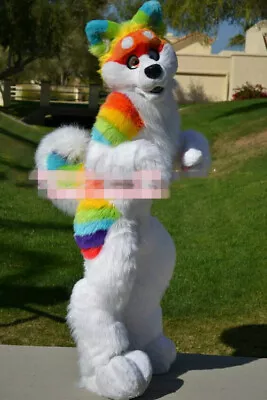 Long Fur Rainbow Husky Dog Wolf Furry Fursuit Cosplay Mascot Costume Suit Party • $1042.84