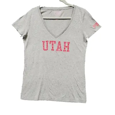 *Victoria Secret Pink Blouse Top Sequins Bling Gray Red Utah Logo Womens Large • $16.81