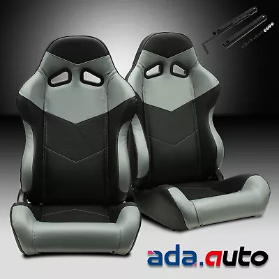 2x Full Reclinable Black PVC Grey Side Racing Seats With Single Adjustor Slider • $306.38