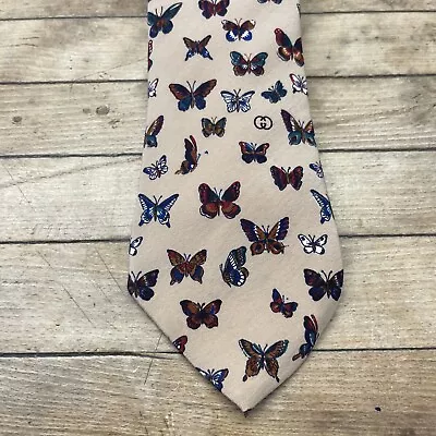 Vintage Gucci Necktie Tie Silk Butterfly Design Beige • $20