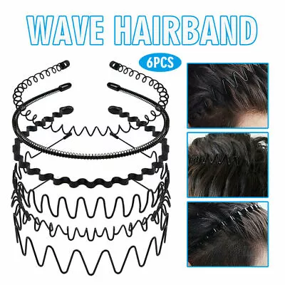 6 Pack Men Women Metal Hairband Black Hair Hoop Headband Wave Flexible Unisex UK • £5.59