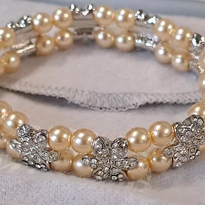 VTG NOLAN MILLER BRACELET  BUDDING BOUQUET FAUX PEARL CRYSTAL STRETCH Org. Box • $46.50