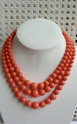 Vintage Coral Color Beaded Necklace Graduated Layered Multi Strand Hook Clasp  • $15.97