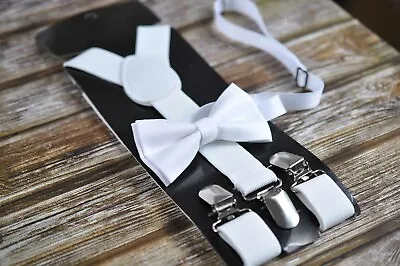 White Bow Tie Bowtie And Elastic Suspenders Braces Set For Baby Boy Youth Adult • £4.93