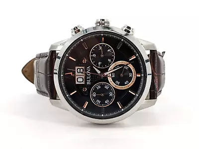 Bulova Sutton Black Dial Brown Band Chronograph Men's Watch 96B311 • $269.99