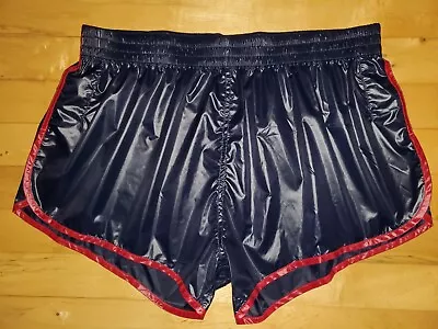 Shiny Nylon Navy Blue Wet Look Sprinter Shorts With Red Trim - Size M • $43.70