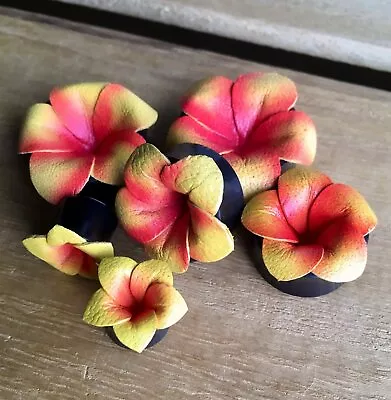 PAIR Yellow & Pink Leather Flower Plugs Tunnels Gauges Earlets Body Jewelry • $15.95